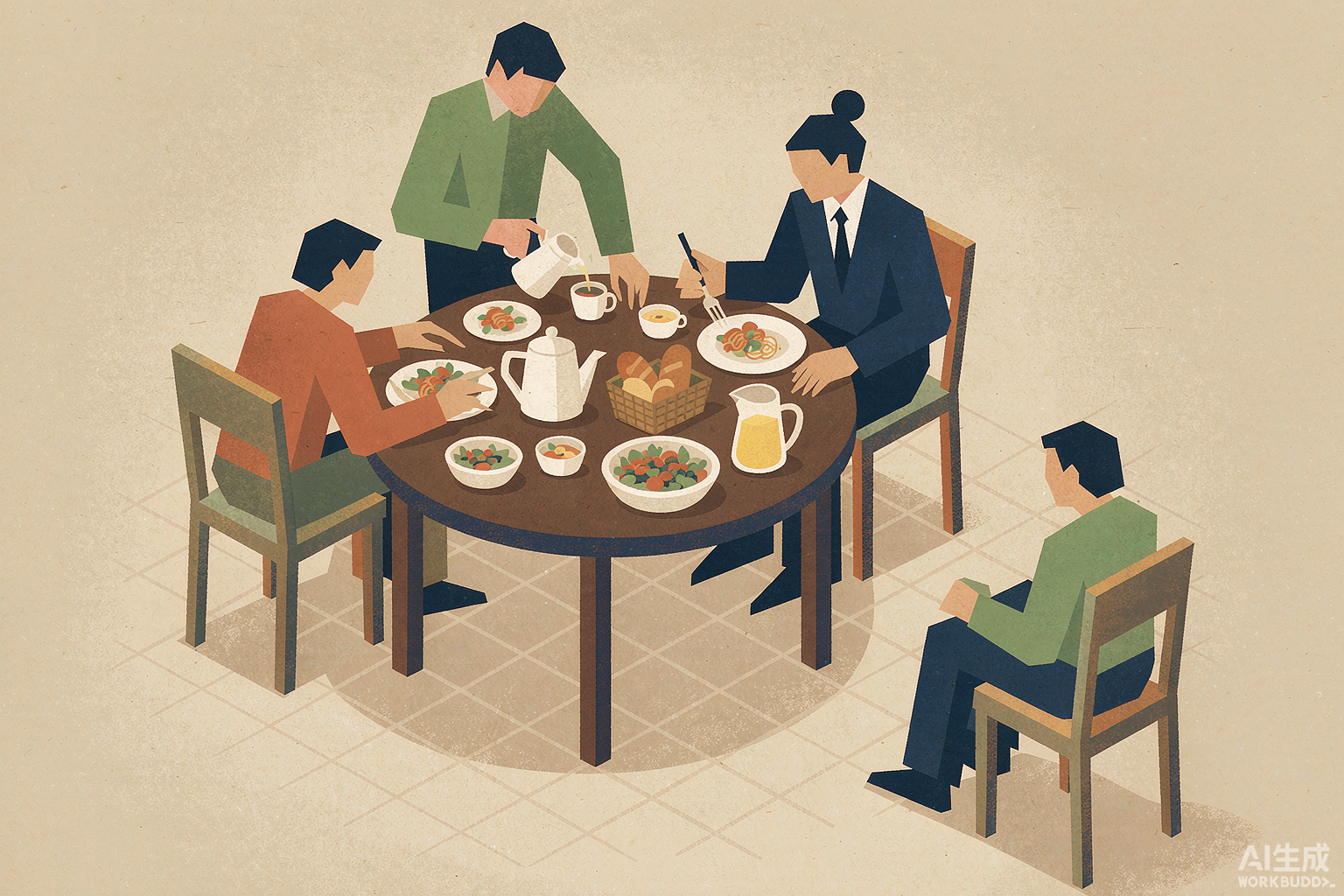 手足共桌示意插畫：圓桌周圍幾位家人，其中一個座位稍微拉開